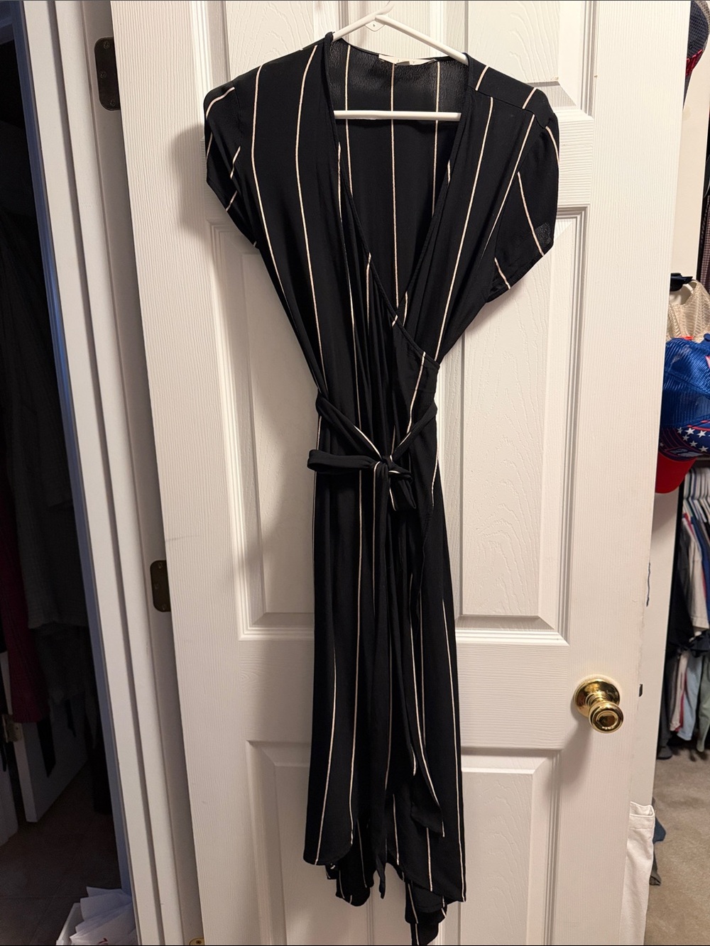 LOFT Black Midi Wrap Dress with Pink Pinstripes